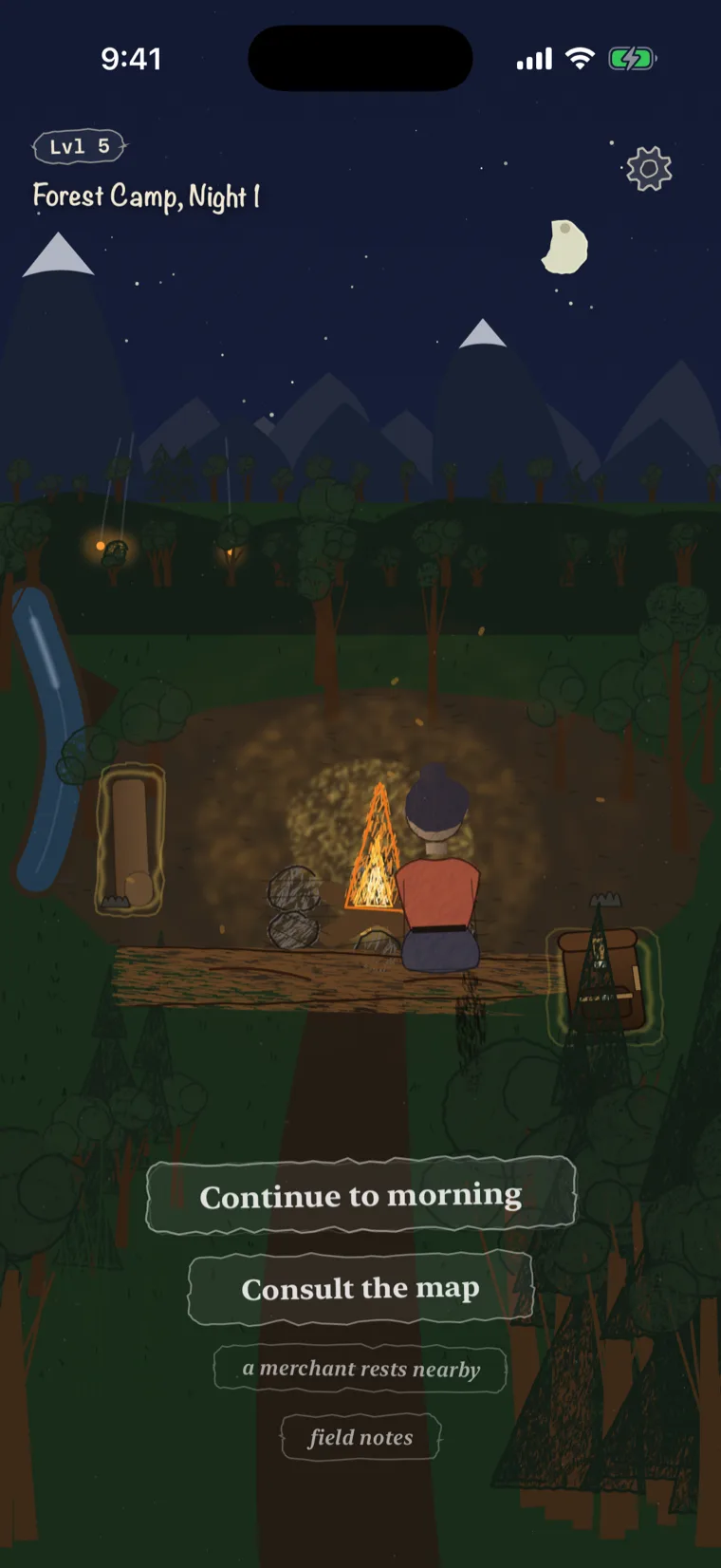A night camp in Sketchbound: a traveler at the fire under moonlit mountains